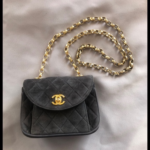 Vintage Chanel Charcoal Suede Mini Round Flap w/ Single Bijou Chain - Picture 1 of 11